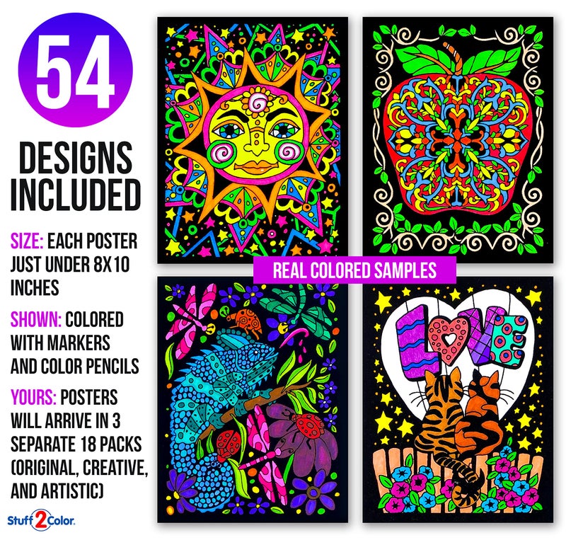 Stuff2Color عبوة ضخمة من 54 ملصق تلوين من المخمل الناعم (تصاميم فريدة) - حرف يدوية ونشاط تلوين لجميع الأعمار - رائعة للمشاريع الجماعية، دور الرعاية، الفصول الدراسية، ومراكز إعادة التأهيل - Image 2